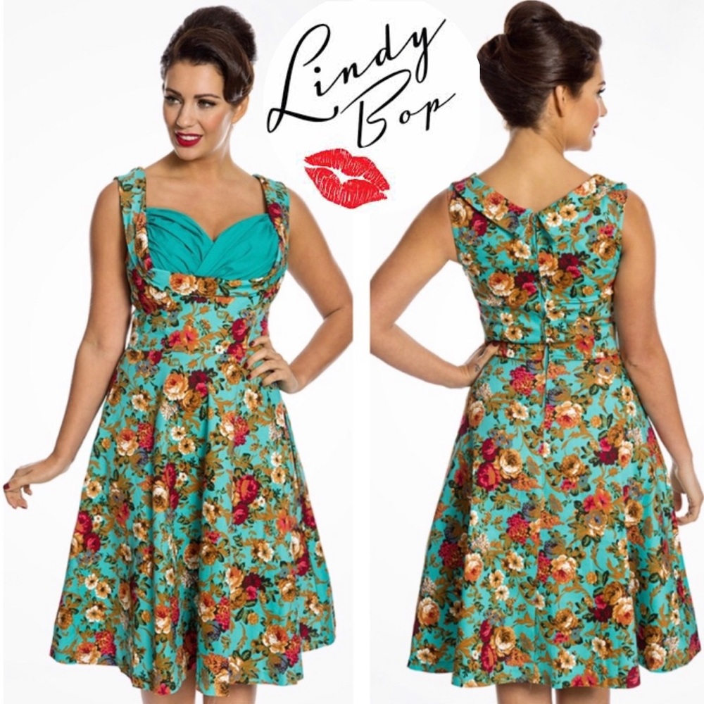 LINDY BOP Ophelia Turquoise Garden Floral Pin-up Rockabilly 50’s Dress Sz Medium